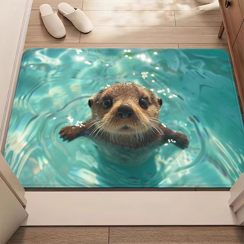 Dørmatte med oter som svømmer, 3D visuell illusjon, turkis vanndesign, 2D flatt trykk, slitesterkt og lettstelt materiale, innbydende inngangspartidekor 2026 - $16.99 –P2
