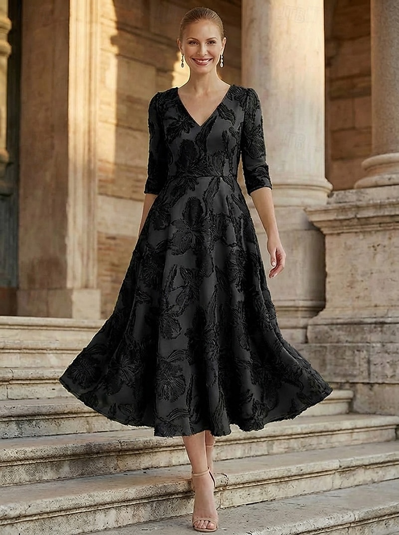 A-linje Ankellengde Te-lengde Formell kjole Cocktailkjoler Elegant 3/4 ermer V-hals Bryllup Formell Sateng Jacquard med Dusk 2026 - $185.99 –P5