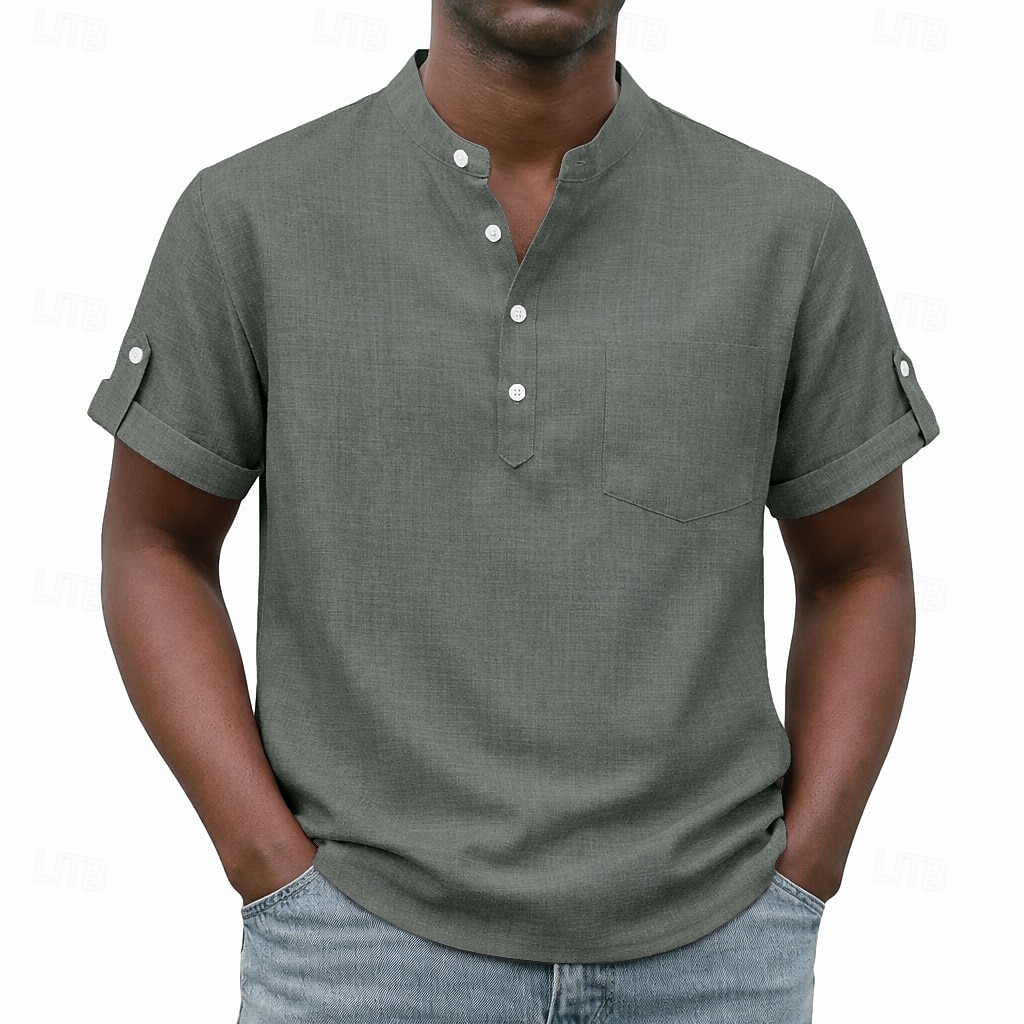Men's Shirt Popover Shirt Casual Shirt Button Up Shirt Light Pink Black Yellow Light Green Pink Short Sleeve Plain Grandad Collar Casual Daily Clothing Apparel Elegant Fashion Casual 2026 - $26.99 –P10