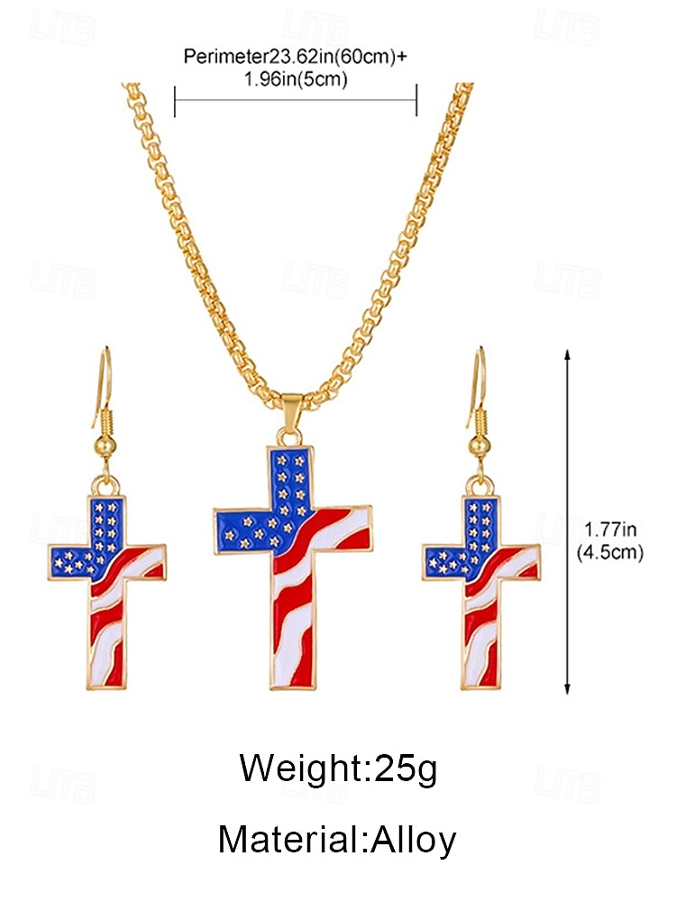 Damesketting en oorbellen met kruisje van legering, gouden en zilveren patriottische sieraden, oorbellen met hanger in de vorm van een Amerikaanse vlag, perfect voor de 250e verjaardag van de VS, Onafhankelijkheidsdag, casual kleding en vakantie. 2026 - $7.99 –P7