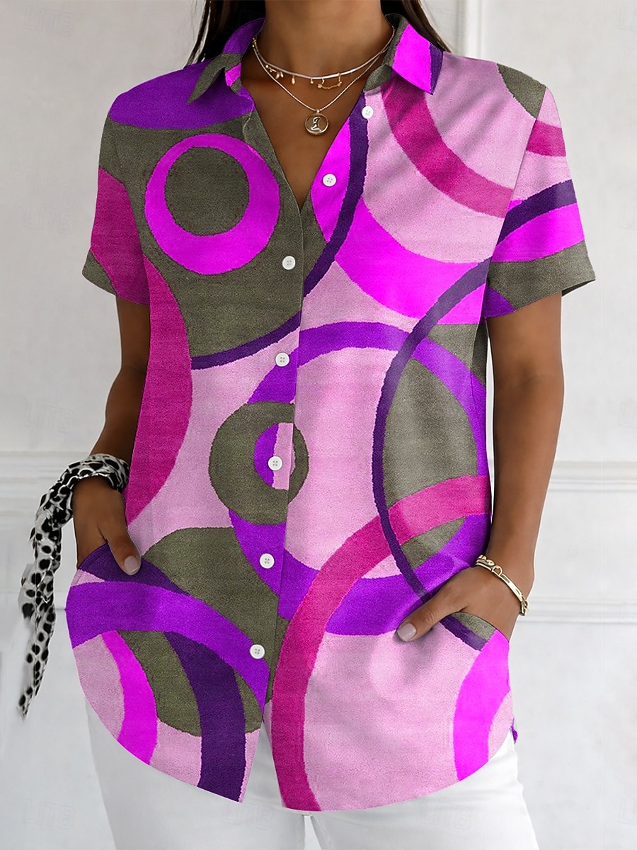 Mujer Camisa Botones Estampado Graphic Geométrico Vintage Elegante Moderno Manga Corta Cuello Camisero Tops largos Diario Azul Piscina Morado Naranja Verde Trébol Verano Primavera 2026 - $26.99 –P4