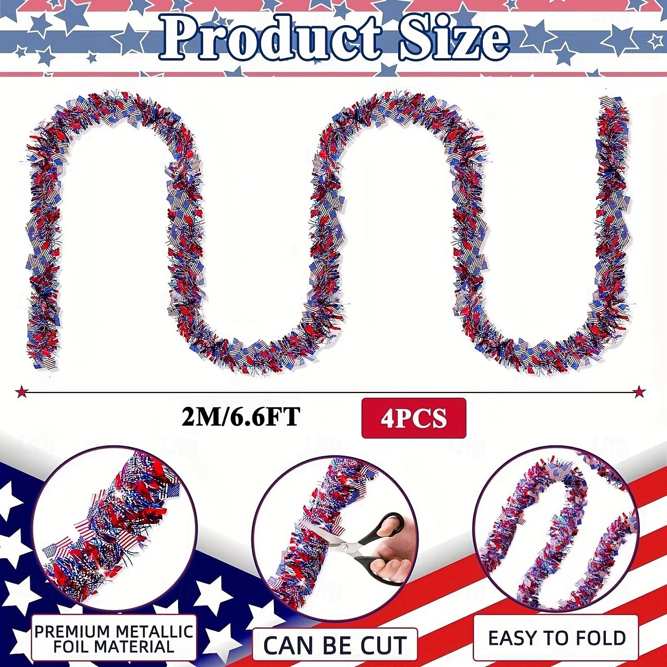 4/6 st patriotisk glittergirlang amerikansk flagga folie fransbanderoll 2m/6,6ft röd vit blå girlang för 4 juli självständighetsdagen minnesdagen arbetsdagen festdekorationer väggbonad heminredning 2026 - $15.99 –P3
