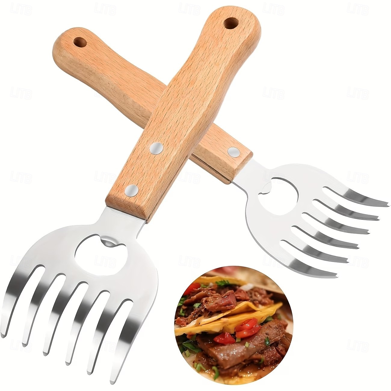 2 bucăți de tocat carne din oțel inoxidabil cu gheare de urs, instrument pentru grătar, mâner din lemn, divizor de carne, mixer alimentar, deschizător de sticle 2026 - $16.99 –P3