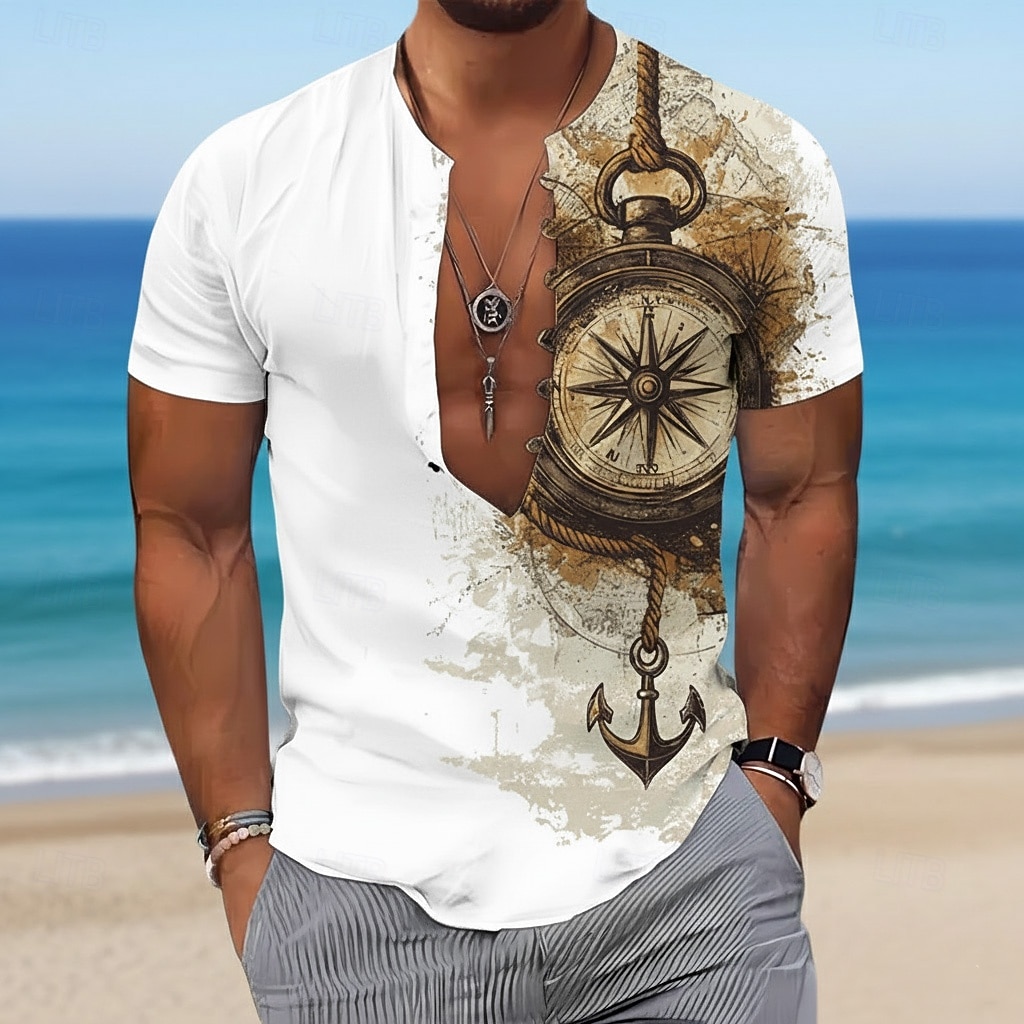 Hombre Náutico Ancla Brújula Camisa Camisa de manga corta Camisa con cuello mao Manga Corta retro de la vendimia Casual Diario vacaciones en la playa Verano Primavera Sin Cuello Impresión 3D Azul 2026 - $25.99 –P1
