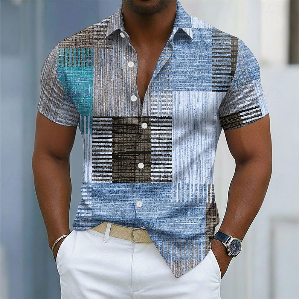 Men's Geometric Color Block Patchwork Shirt Button Up Shirt Casual Dress Shirt Short Sleeve Fashion Casual Streetwear Vacation Spring Fall Turndown 3D Print Collared Shirts Blue Purple Green Khaki 2026 - $25.99 –P2