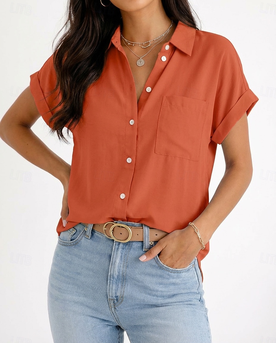 Mujer Camisa Blusa Bolsillo Botones Color sólido Plano Vintage Elegante Manga Corta Cuello Camisero Tops largos Diario Festivos Noche Negro Blanco Rosa Naranja Gris Verano Primavera 2026 - $27.99 –P2