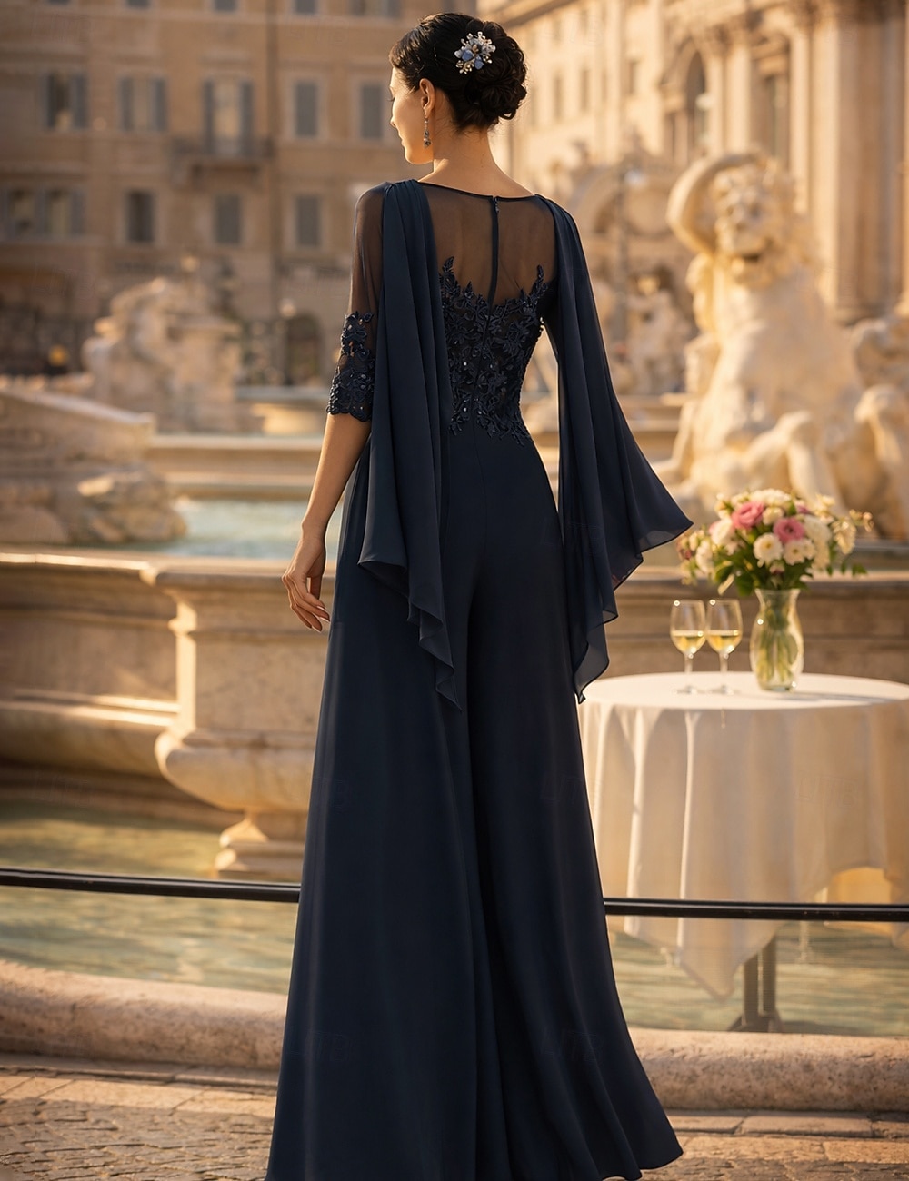 Suit Sięgająca podłoża Sukienka dla matki panny młodej Rękaw 1/2 Lejący się dekolt Elegancja Formalny Gość weselny Koronka Rozciągliwy szyfon z Cekin Haft nakładany 2026 - $218.49 –P2