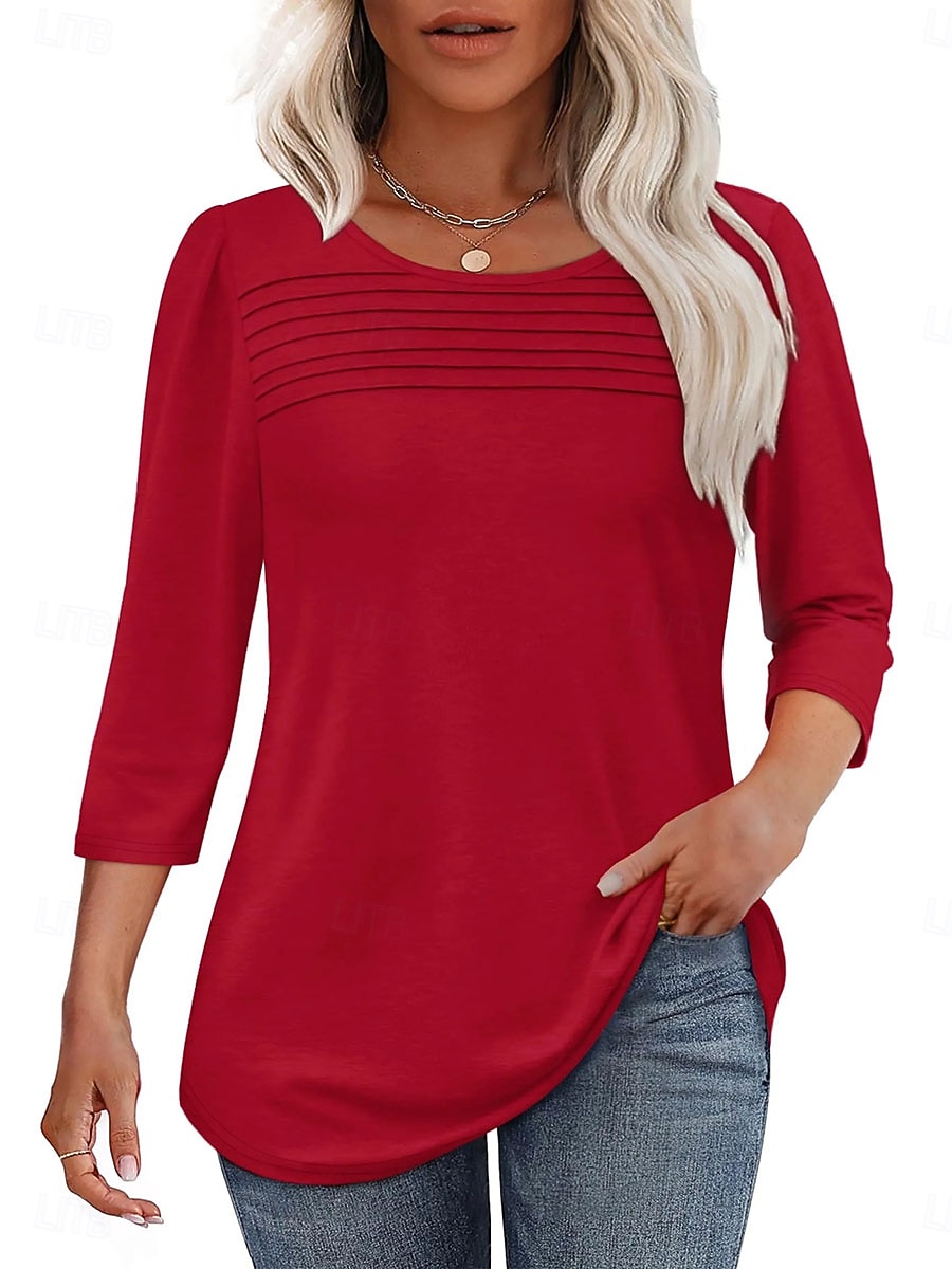 Per donna Blusa Arricciato Patchwork Semplice Vintage Elegante Moderno Manica 3/4 Girocollo Top lunghi Quotidiano Ferie Uscire Blu denim Nero Bianco Rosa Rosso Primavera Autunno Inverno del 2026 a $17.49 –P4