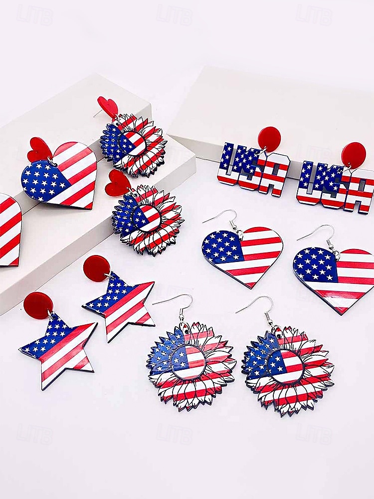 Women's Acrylic Patriotic Dangle Earrings, Multi-Style Sunflower, Star and Heart American Flag Earrings for USA 250th Anniversary, Independence Day, Casual Wear, Travel and Vacation Styling 2026 - $7.99 –P5