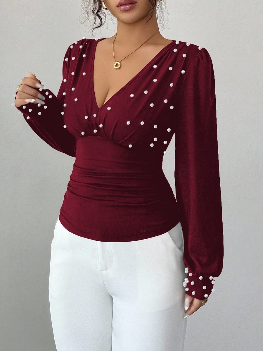 Dam Skjorta Blus Långärmade toppar Rynkad Slät Mode Stylish Klassisk Långärmad V-hals Vanliga toppar Dagligen Helgdag Utekväll Svart Vin Aprikos Sommar Vår 2026 - $29.99 –P7