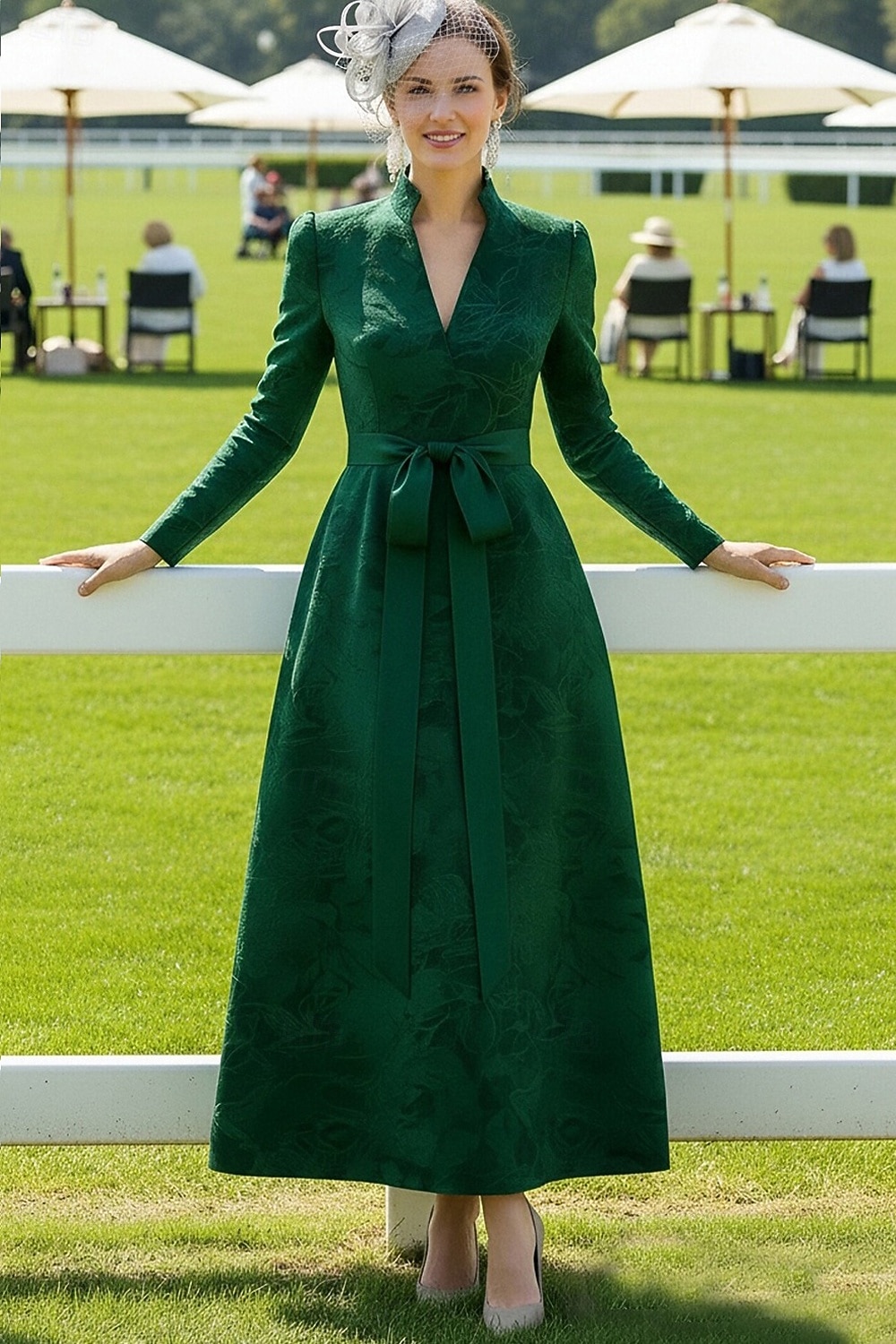 Linha A Até o Tornozelo Vestido de Derby Vestido Para Mãe dos Noivos Manga Longa Decote V Elegante Vintage Kentucky Derby Jacquard com Faixa / Fita Laço(s) de 2026 por $172.99 –P1