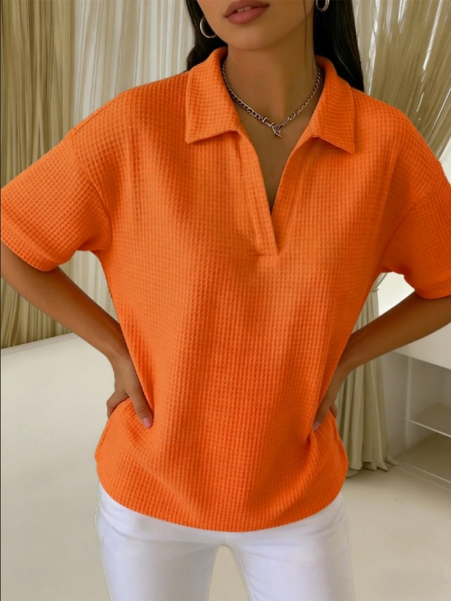 Dámské Tričko Polokošile Trička Vaflově pletené topy Bez vzoru Módní stylové Základní Krátký rukáv Košilový límec Běžné topy Denní Jdeme ven Víkend Vodní modrá Černá Bílá Oranžová Trávová zelená Léto 2026 - $27.99 –P2