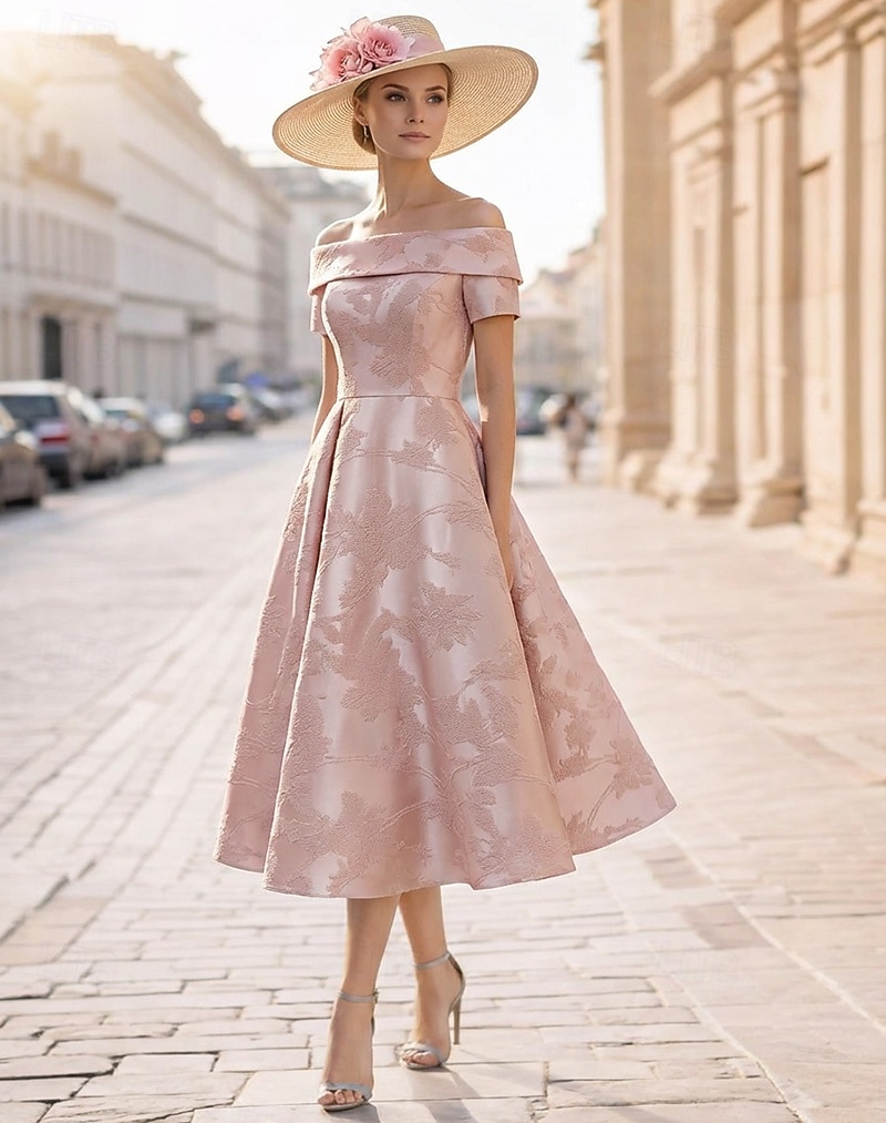 A-linje Te-lengde Gjestekjole til bryllup Formell kjole Derbykjole Kjole til brudens mor Kortermet Løse skuldre Elegant Pastell Formell Jacquard med Plissert 2026 - $164.69 –P1