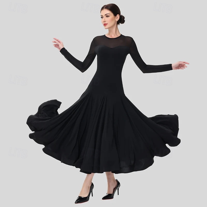 Ballroom Dance Dress Rhinestone Pleats Pure Color Women's Party Training Performance Long Sleeve High Spandex Polyester 2026 - $221.19 –P2