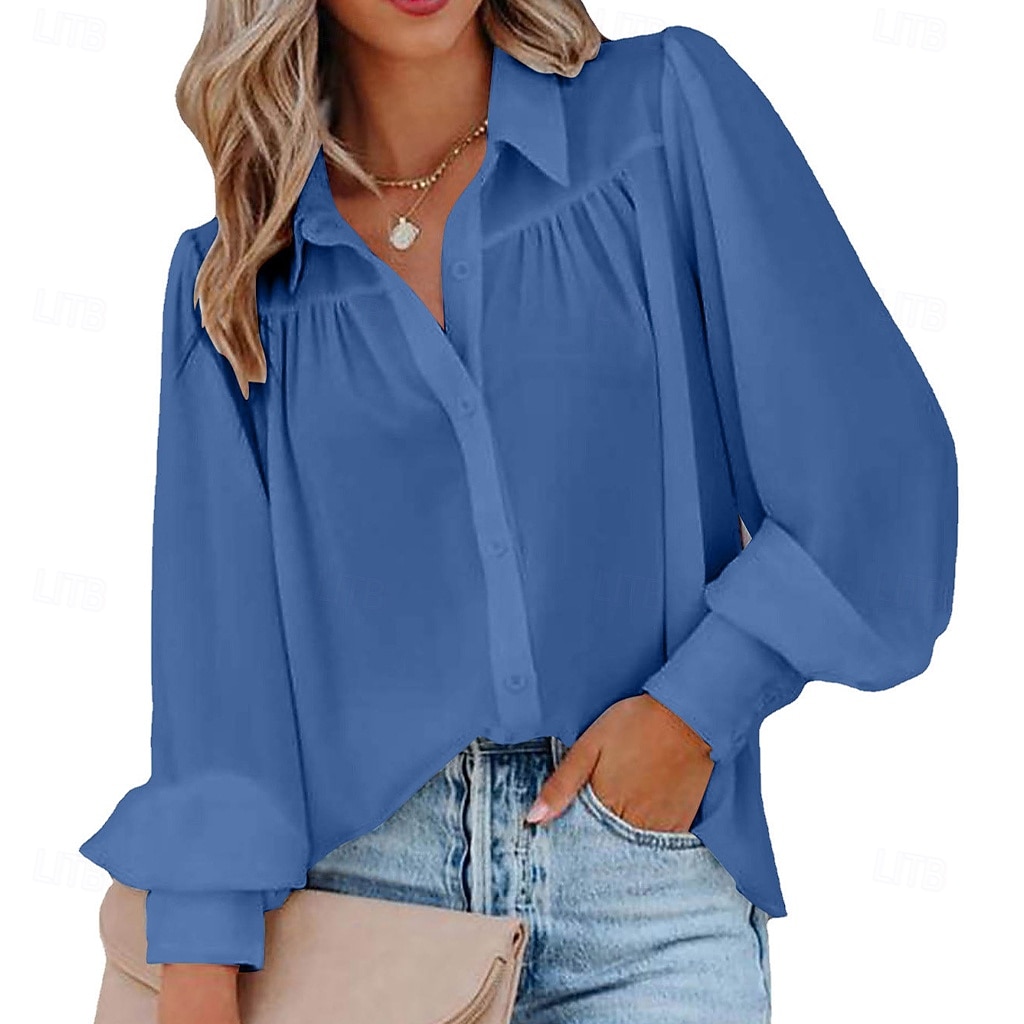 Mulheres Camisa Social Camisa casual camisa de botão Blusa Franzido Botões Côr Sólida Tecido Elegante Férias Moda Manga Longa Manga lanterna Aberto para a Lateral Tops regulares Diário Praia Feriado de 2026 por $21.99 –P5