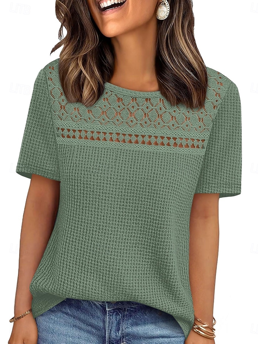 Women's Eyelet Top T Shirt Tee Top Solid Color Fashion Classic Casual Short Sleeve Crew Neck Regular Tops Daily Going out Weekend Black Red Navy Blue Khaki Summer Spring 2026 - $24.99 –P3