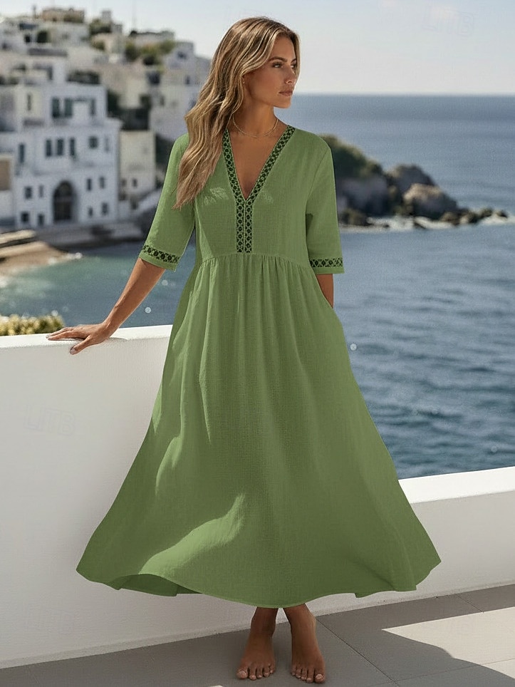 Per donna Abito Midi 100% cotone Abito a Tubino Abiti in cotone e lino Vestito Casual Essenziale Classico Casual Quotidiano All'aperto Vacanza Vestibilità comoda Semplice Mezza Manica Scollo a V del 2026 a $32.99 –P3