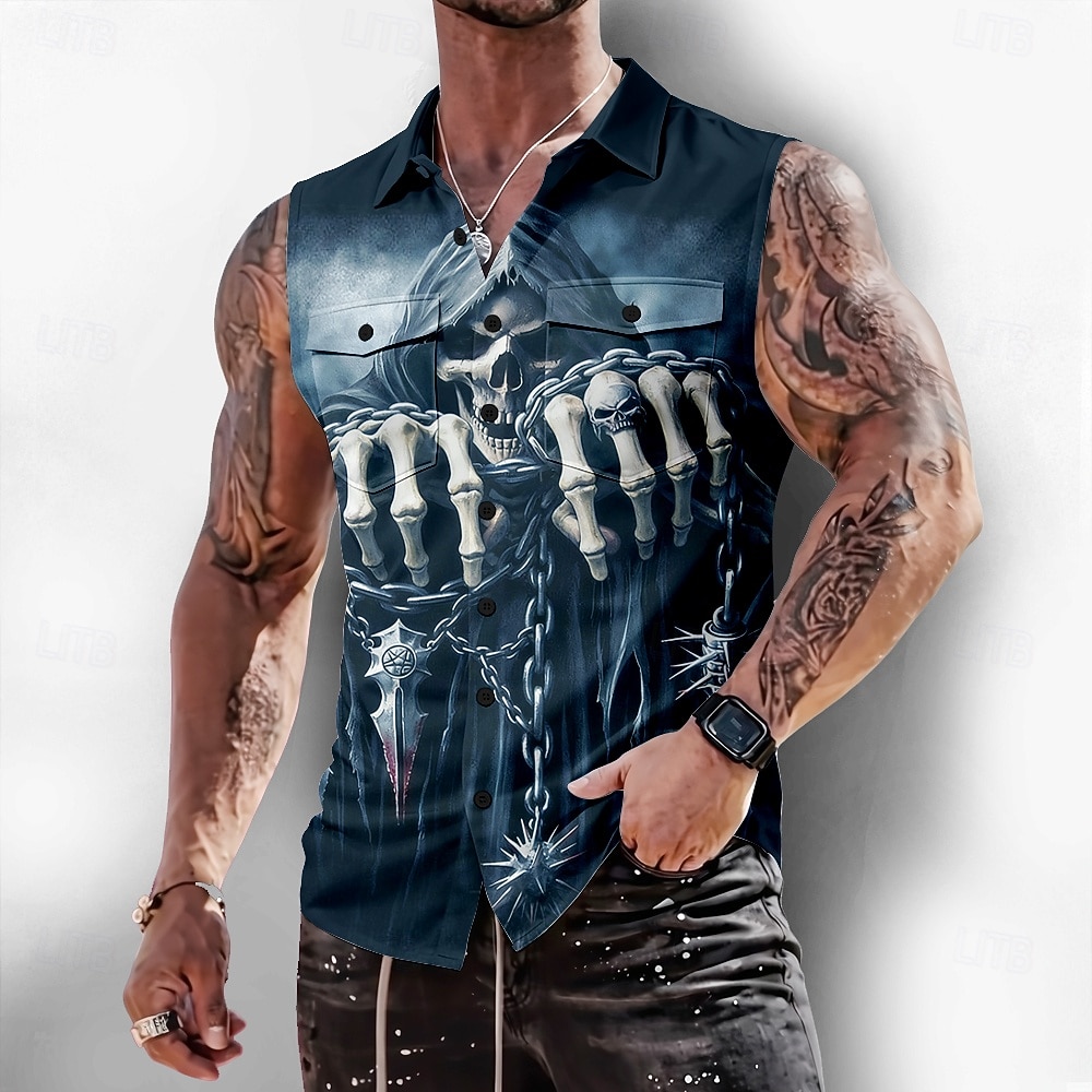 Hombre La muerte Calavera Horror Camisa Abotonar la camisa Camisa sin mangas Sin Mangas Estilo gótico oscuro Exterior Casual Verano Primavera Cuello Vuelto Impresión 3D Dos bolsillos delanteros Azul 2026 - $25.99 –P3