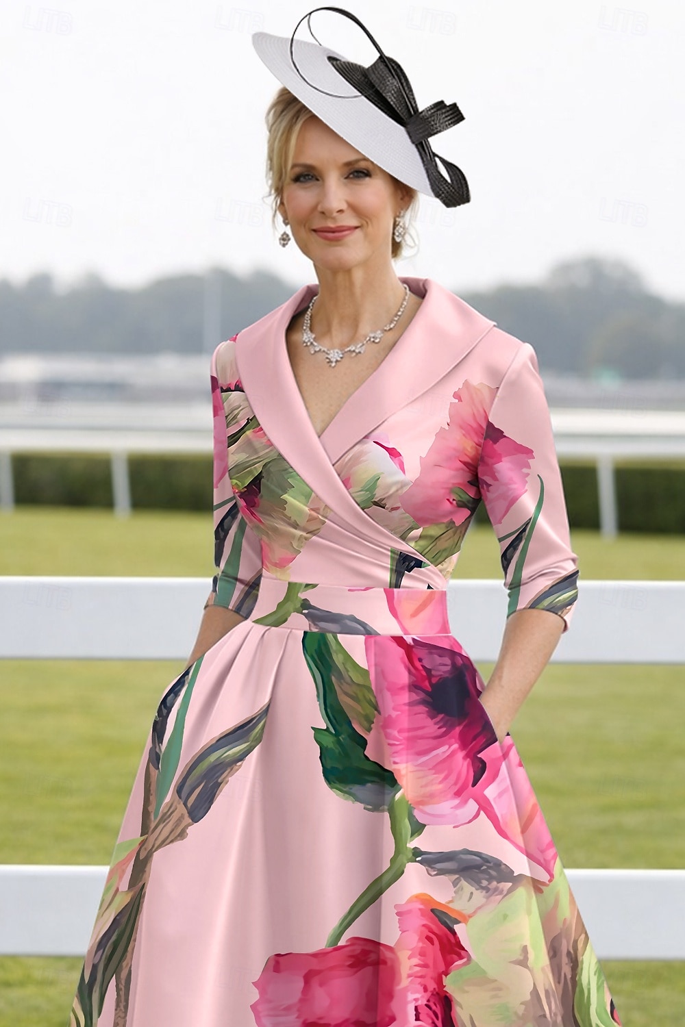 Ligne A Longueur thé Robe de Soirée Robe de Cocktail Robe d'invité de mariage Robe de Mère de Mariée  Demi Manches Revers Élégant Kentucky Derby Satin avec Imprimé floral de 2026 ? $167.99 –P3