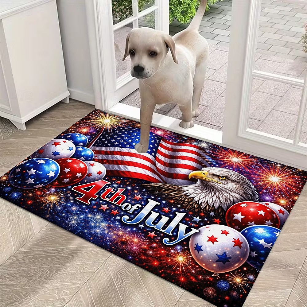 U.S. 250th Anniversary front door mat 4th of July Doormat Featuring American Flag Bald Eagle and Fireworks Design Patriotic Red White Blue Balloons Perfect for Independence Day entryway deco 2026 - $12.49 –P2