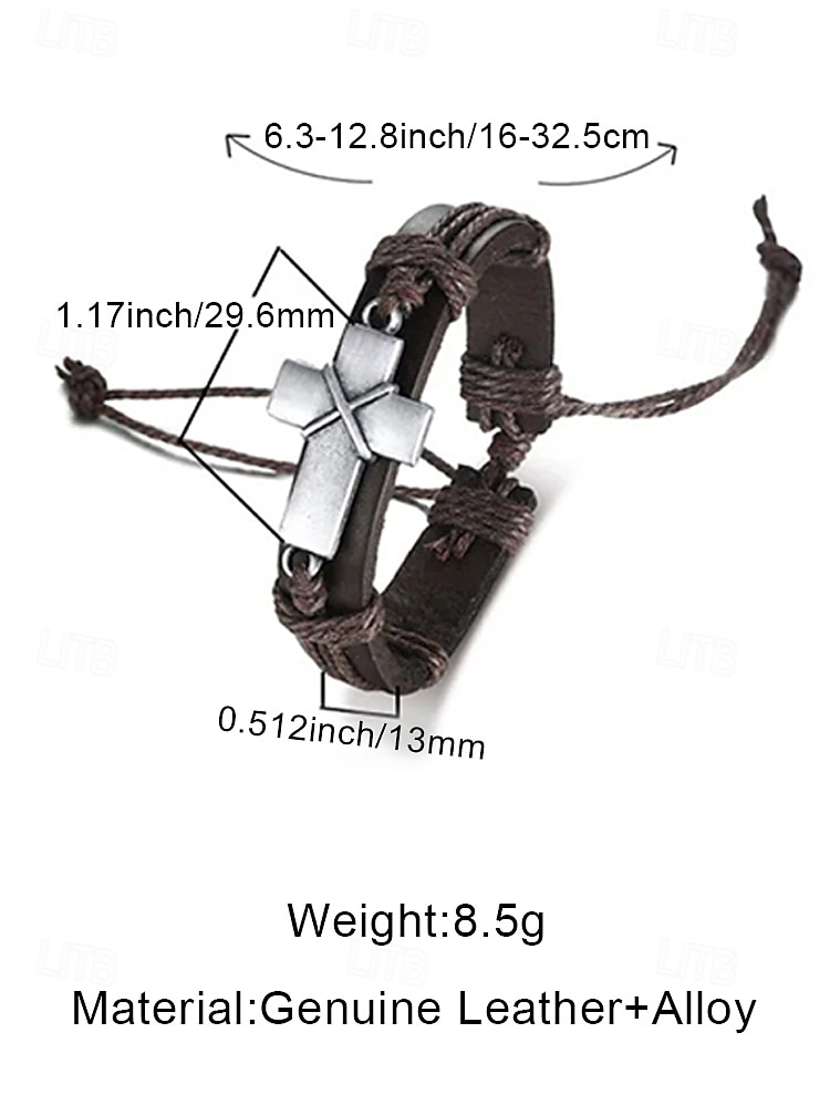 Men's Bohemian Leather Cross Bracelet, Genuine Leather & Alloy, Vintage Distressed Style, Adjustable Length, Black & Brown, Perfect for Outdoor Travel, Casual and Everyday Wear 2026 - $7.99 –P10