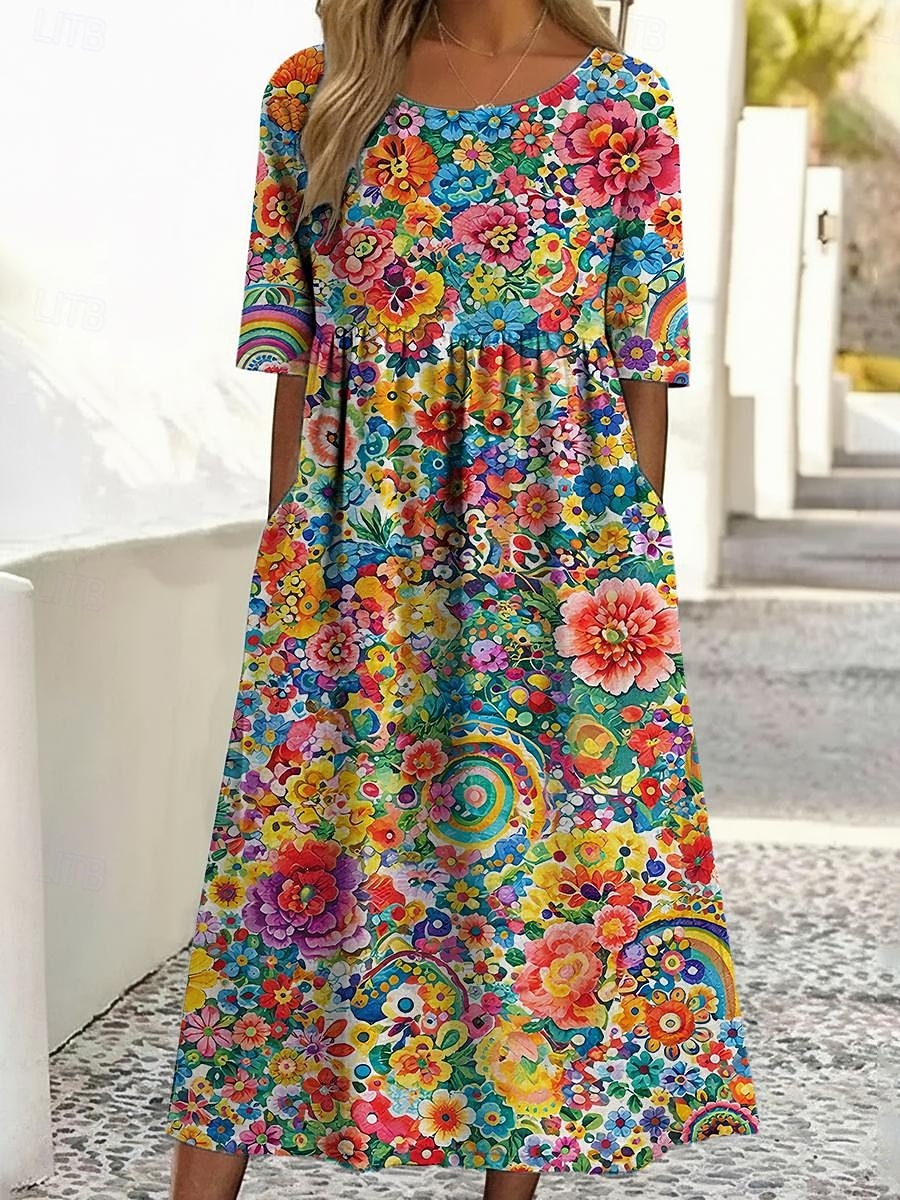 2026年 女性用 ミディドレス カジュアルドレス プリントドレス ファッション アウトドア バケーション お出かけ ルーズフィット フラワー グラフィック 半袖 クルーネック ブルー ライトイエロー パープル グリーン 夏 春  コレクション – $29.99 –P1