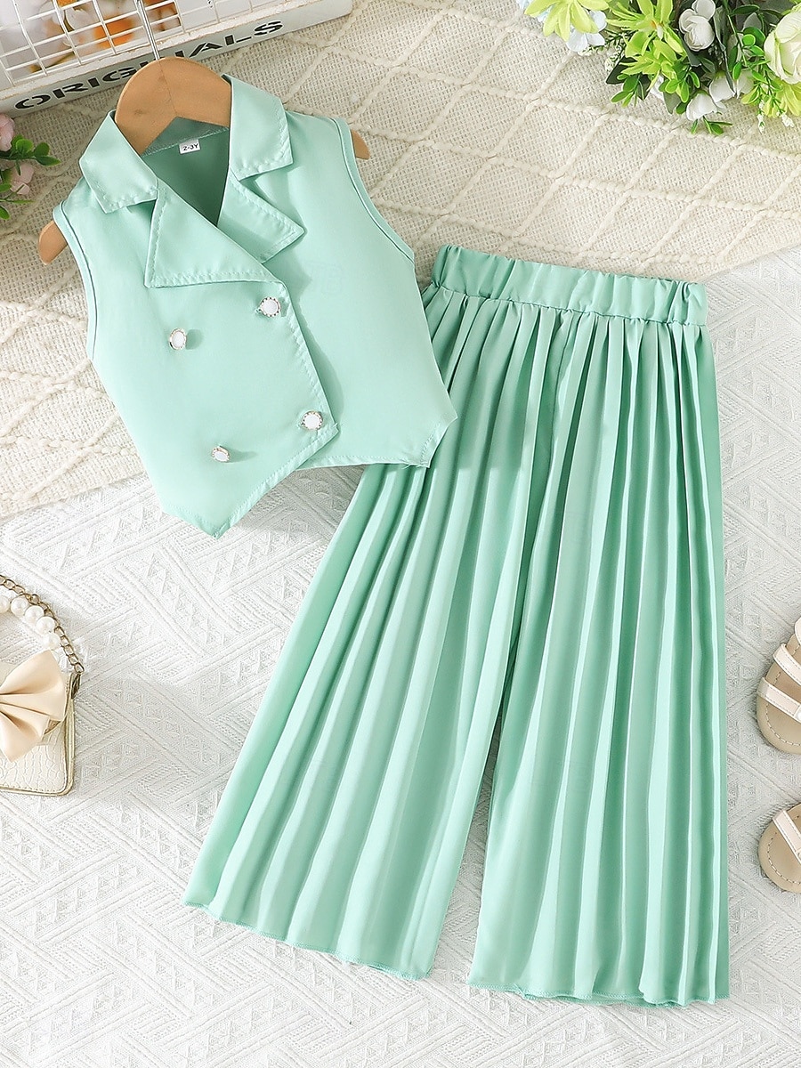 2 Pezzi Bambini Ragazze Tinta unica Arricciato Camicia & Pantaloni Impostato Senza Maniche Moda Casuale Dai 4 anni in su Estate Rosa scuro Bianco Rosa del 2026 a $27.99 –P5