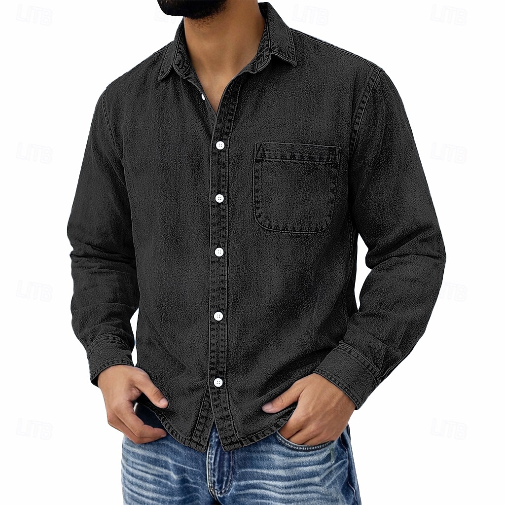 Men's Shirt Casual Shirt Vintage Shirt Button Up Shirt 100% Cotton Acid Wash Shirt Blue Black Light Green Wine Navy Blue Long Sleeve Plain Lapel Streetwear Going out Pocket Clothing Apparel Cotton 2026 - $31.99 –P16