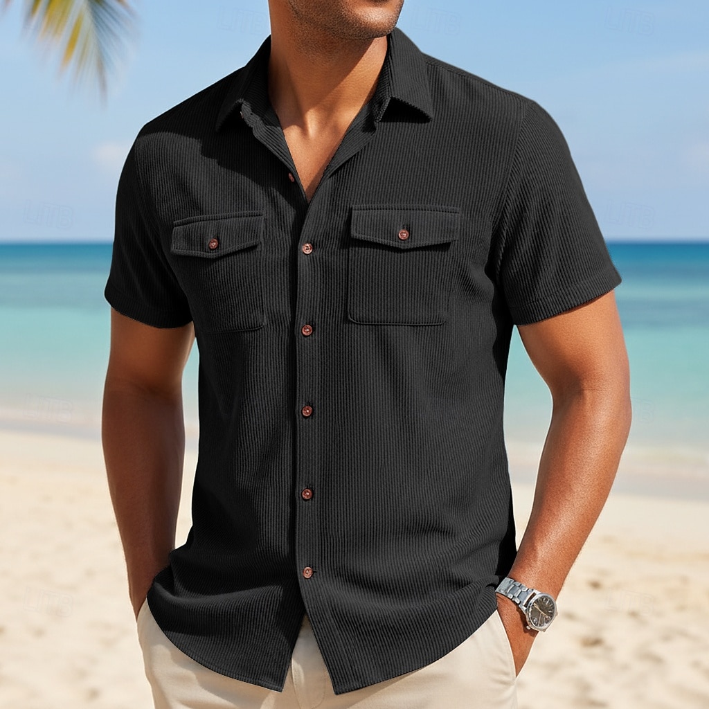 Men's Shirt Casual Shirt Corduroy Shirt Button Up Shirt Black White Yellow Navy Blue Brown Short Sleeve Solid Color Plain Textured Shirt Collar Casual Daily Front Pocket Clothing Apparel Elegant 2026 - $24.99 –P8
