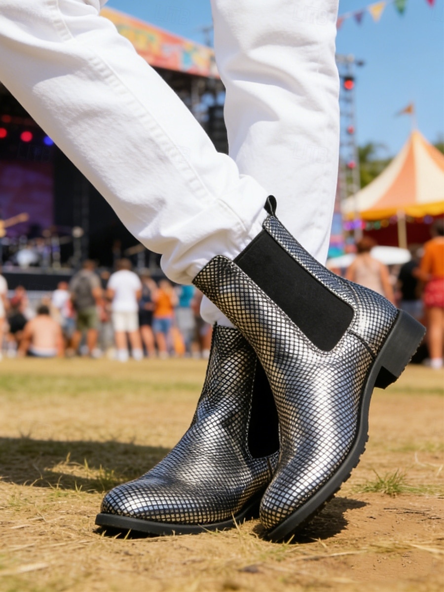Metallic zilveren Chelsea boots voor heren met spitse neus, modieuze enkellaarsjes voor muziekfestivals, podiumoptredens, concerten, feestjes, streetstyle en opvallende mode-looks. 2026 - $59.99 –P2