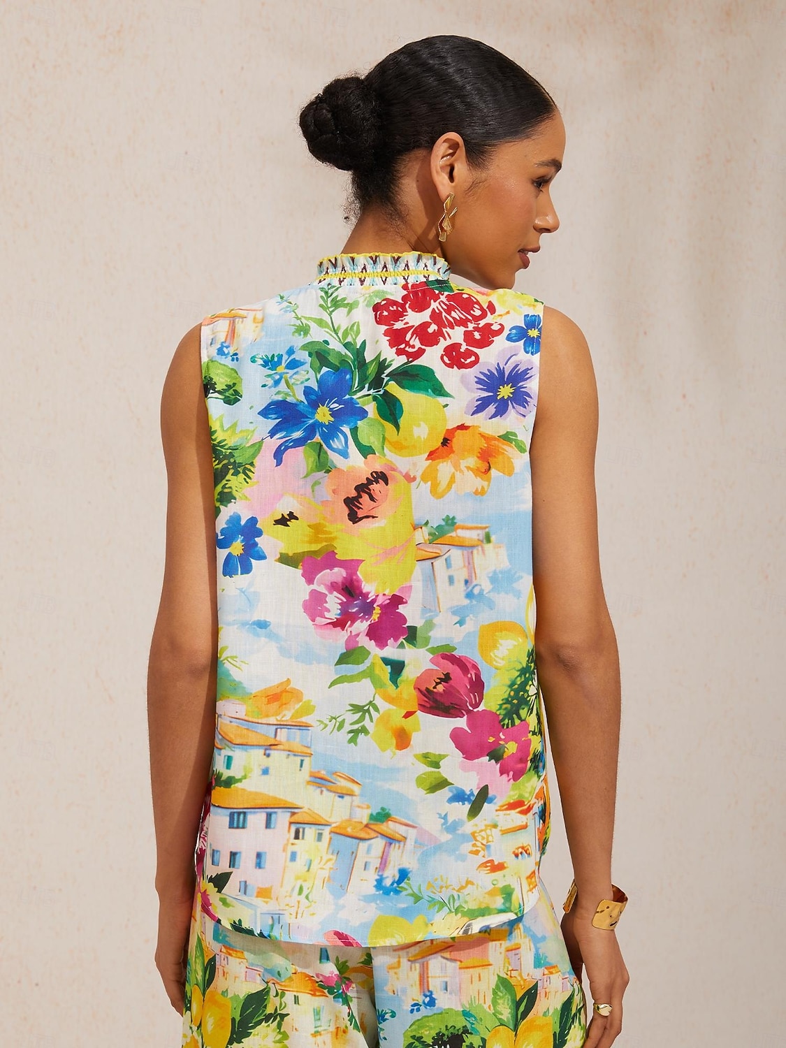 Luftig ärmlös topp i linne-look med citrusträdgård och semestermönster 2026 - $56.99 –P2
