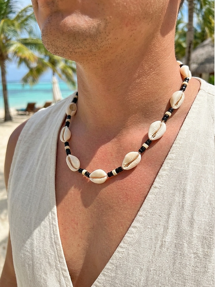 Herrhalsband med träpärlor och snäckor i bohemiskt material, smycken för strandsemester och vardagsaktiviteter, lätt justerbart tillbehör för resor och sommarkläder 2026 - $9.99 –P1