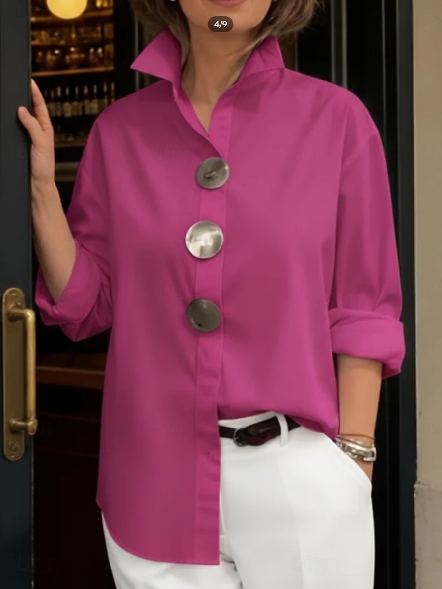 Women's Blouse Buttons Solid Color Elegant Stylish Casual Long Sleeve Lapel Regular Tops Daily Blue Black White Pink Wine Spring Fall 2026 - $22.99 –P3