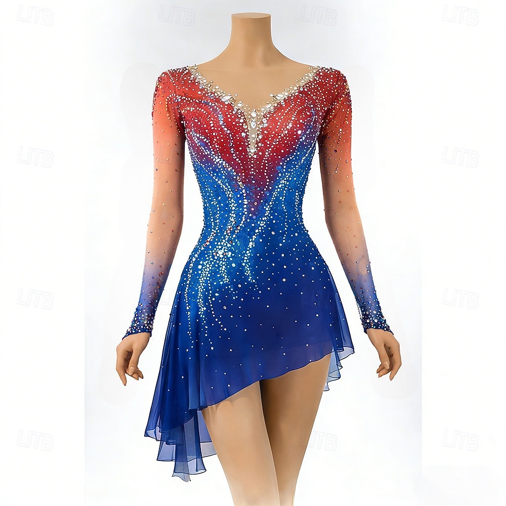 שמלה להחלקה אמנותית בגדי ריקוד נשים החלקה על הקרח שמלות כחול + אדום טלאים פתוח בגב גמישות גבוהה הדרכה תחרות ביגוד להחלקה על הקרח קלאסי קריסטלים / אבנים נוצצות שרוול ארוך החלקה על קרח החלקה אמנותית 2026 - $425.49 –P1