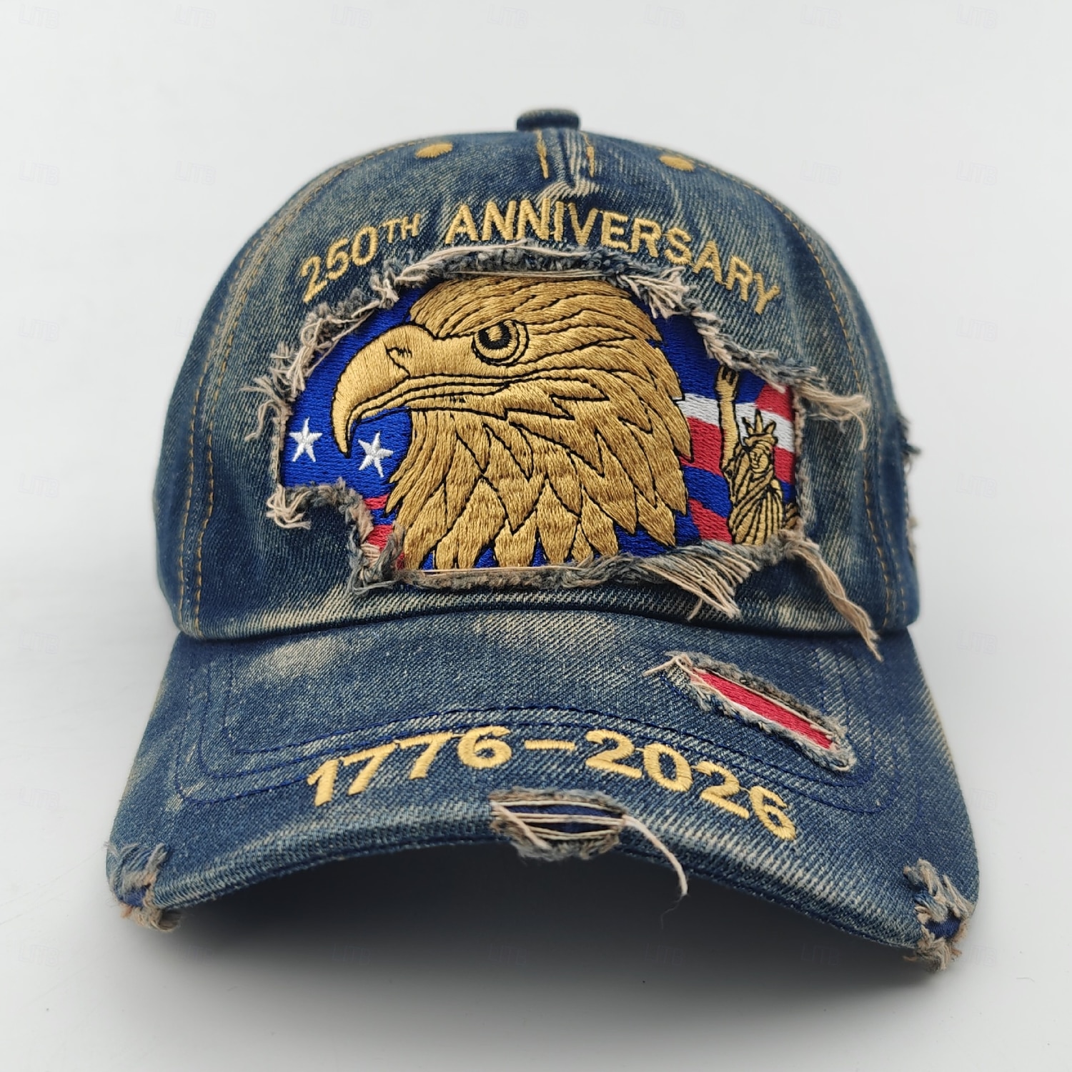 USAs 250-årsjubileumscaps med slitt denim-logo, vintage USA-hatt 1776-2026, patriotisk uavhengighetsdagscaps, vintage amerikansk flagghatt for menn og kvinner 2026 - $21.99 –P2