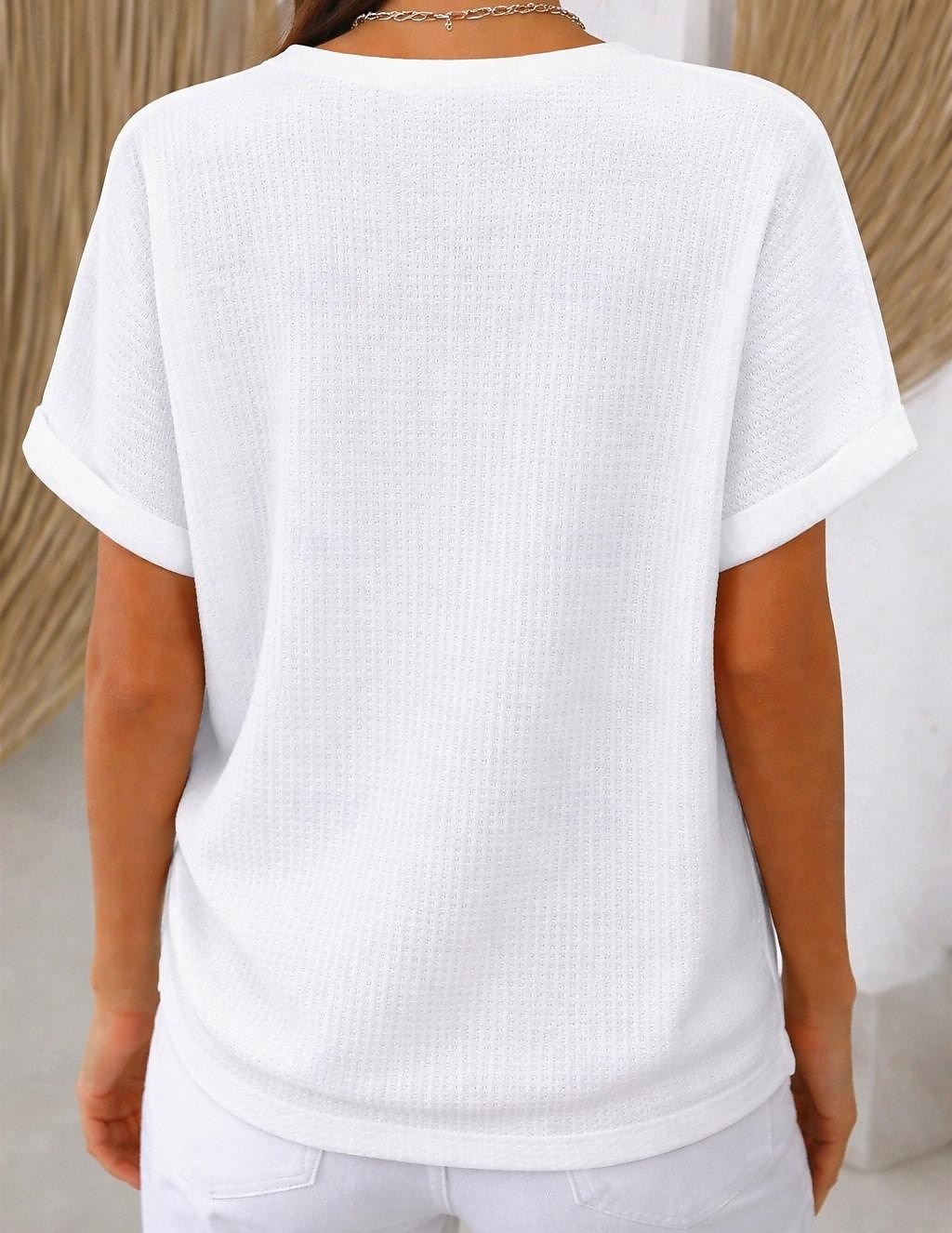 Femmes Tee-shirt Gaufre T-shirt Boutons Devant Manchette roulée Élégant Occasionnel Manche Courte Col en V Hauts Réguliers Quotidien Sortir Vêtements de vacances Blanche Kaki Été Printemps de 2026 ? $21.99 –P2