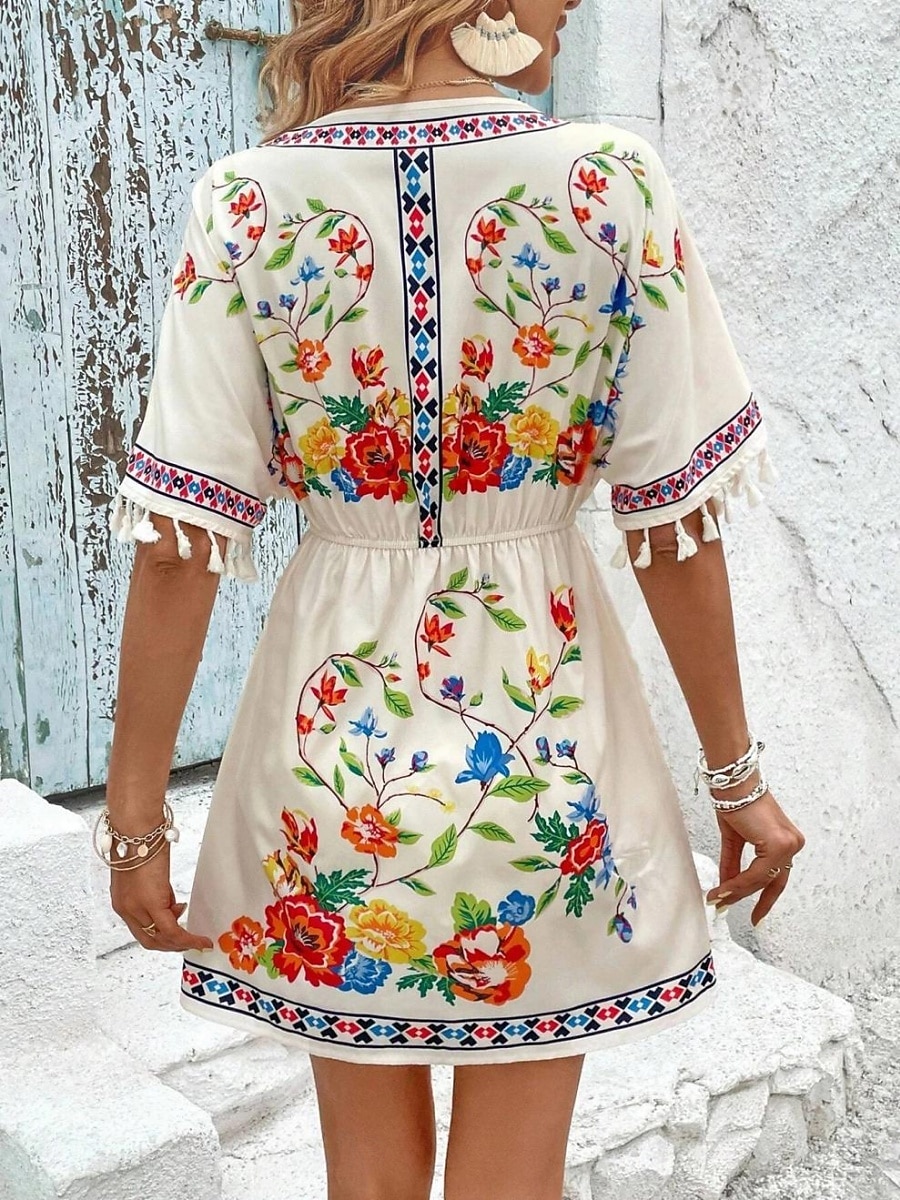 Dames Mini-jurk Boho-jurk Casual jurk Bloemetjesjurk Elegant Modieus Modern Buiten Vakantie Uitgaan Normale pasvorm Bloemig Korte mouw V-hals blauw Zwart Wit Zomer Lente 2026 - E£1924.54 –P3