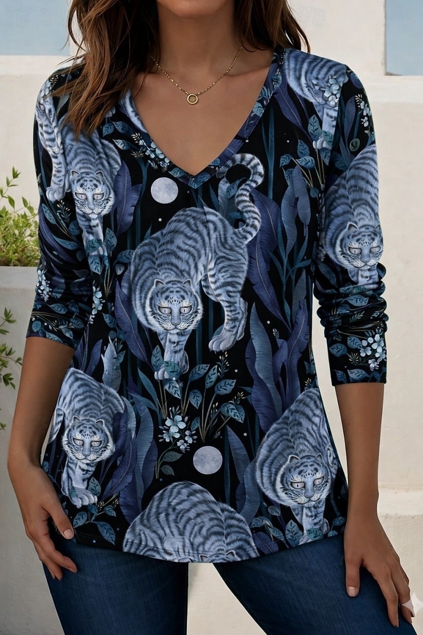 Episodic Drawing Women's T Shirt Print Graphic Animal Letter Vintage Stylish Classic Long Sleeve V Neck Long Tops Daily Sports Going out Blue Summer Spring Fall Winter 2026 - $24.99 –P1