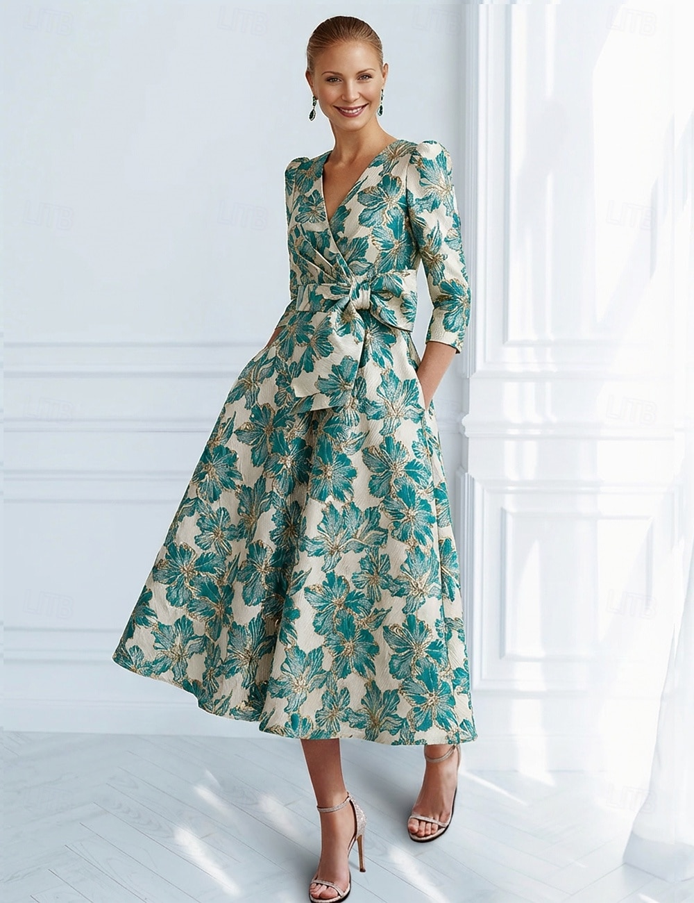 A-Linie Knöchellänge Cocktailkleider Partykleider Elegant Vintage Kurzarm V Ausschnitt Hochzeit Formell Jacquard mit Schleife(n) Tasche 2026 - $175.99 –P5