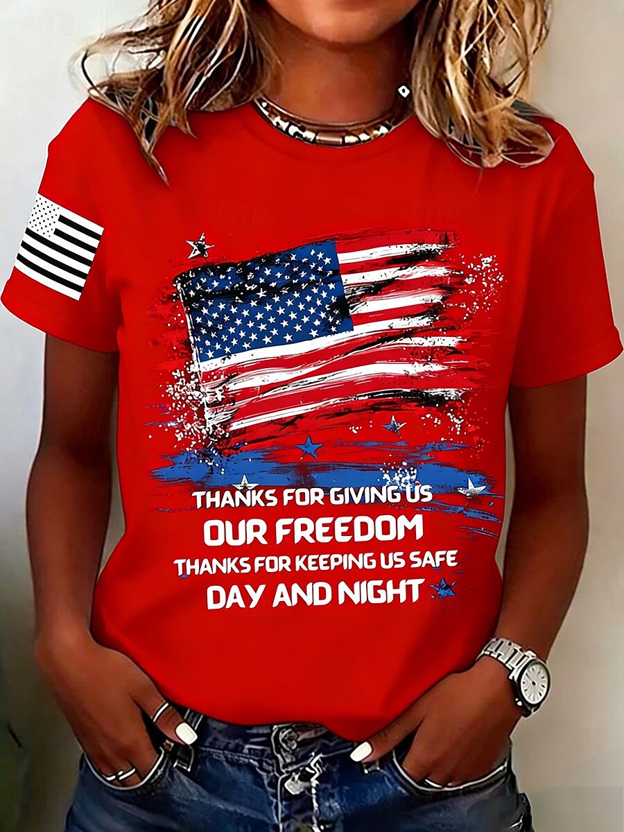 День независимости США Жен. Футболка С принтом Графика Флаг Буквы Винтаж Стиль Классика С короткими рукавами Вырез под горло Обычные топы Повседневные Синий Черный Красный Зеленый Бежевый Лето Весна 2026 - $22.99 –P3