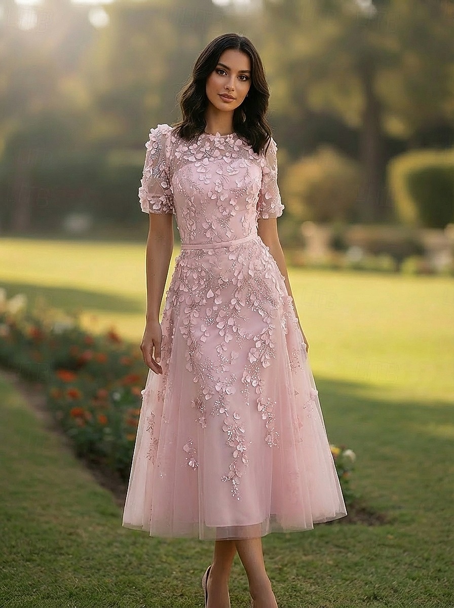 A-Line Tea Length Cocktail Dresses Elegant Vintage Floral Short Sleeve Crew Neck Wedding Formal Pink Dress Lace Tulle with Beaded Eembroidered Appliques 2026 - $205.89 –P1