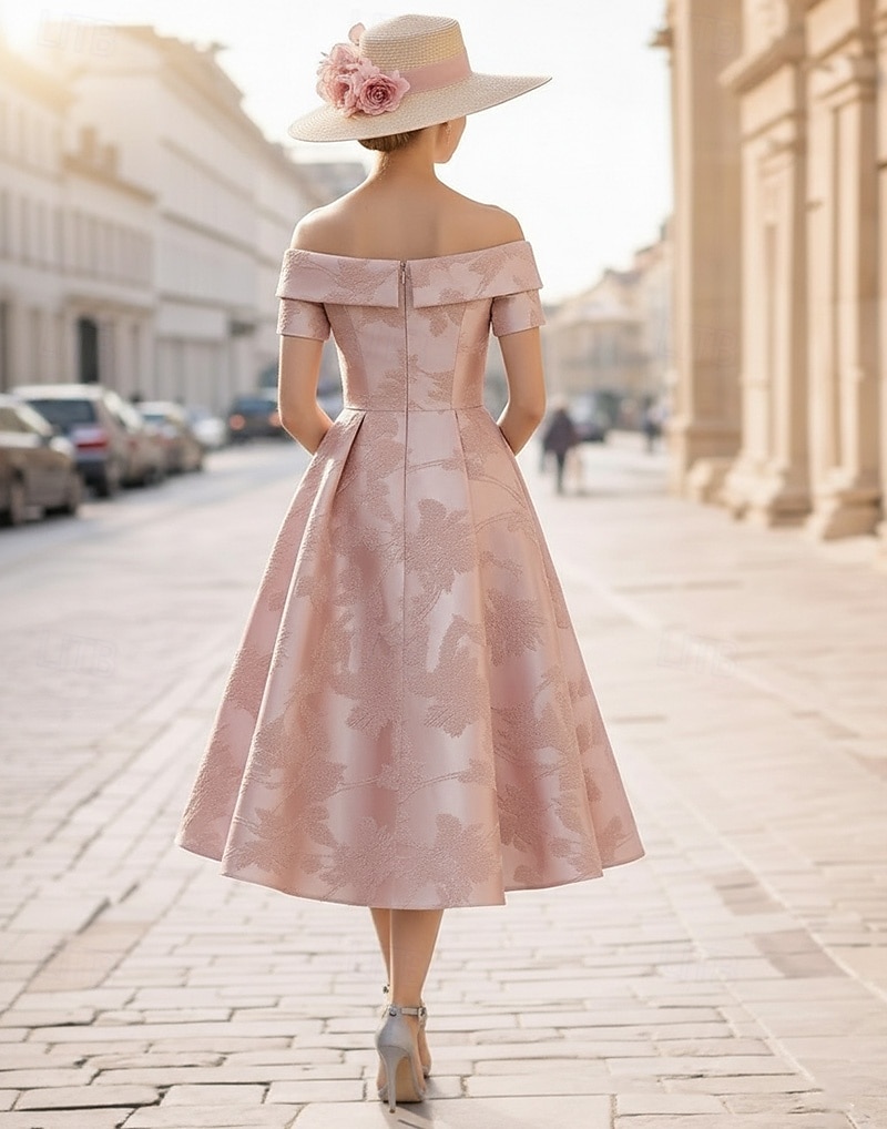 A-linje Te-lengde Gjestekjole til bryllup Formell kjole Derbykjole Kjole til brudens mor Kortermet Løse skuldre Elegant Pastell Formell Jacquard med Plissert 2026 - $164.69 –P3