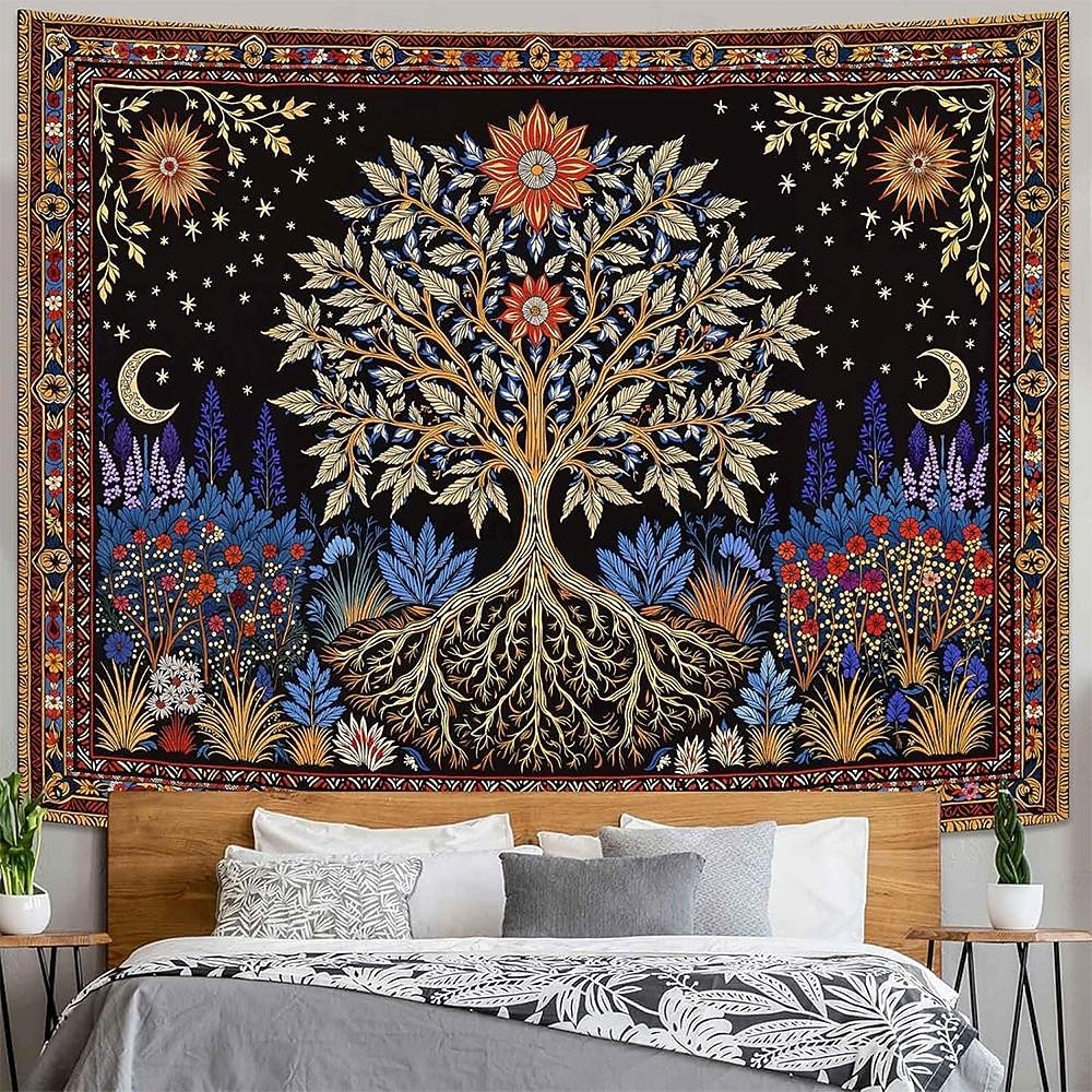 Tapiserie de perete boemă cu arborele vieții, artă populară, mandala, soare, lună, stele, grădină, model etnic floral, suspendată pentru sufragerie, dormitor, decor de cămin, fundal de artă de perete 2026 - $19.99 –P2