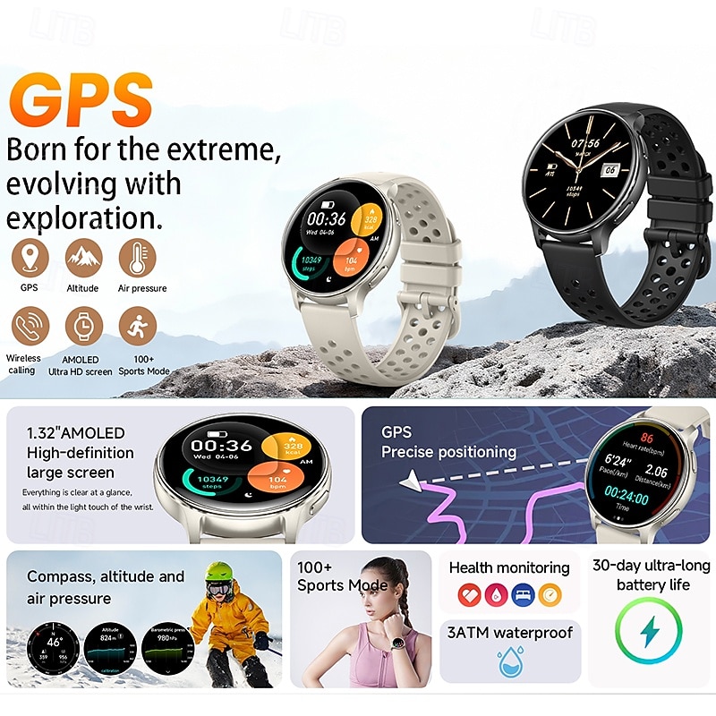 GPS Smart Watch with Wireless Calling, AMOLED Ultra HD Screen, Built-in Altimeter & Barometer, 100+ Sports Modes, Heart Rate Sleep Monitor, Outdoor Adventure Fitness Tracker for Men Women 2026 - $73.99 –P1