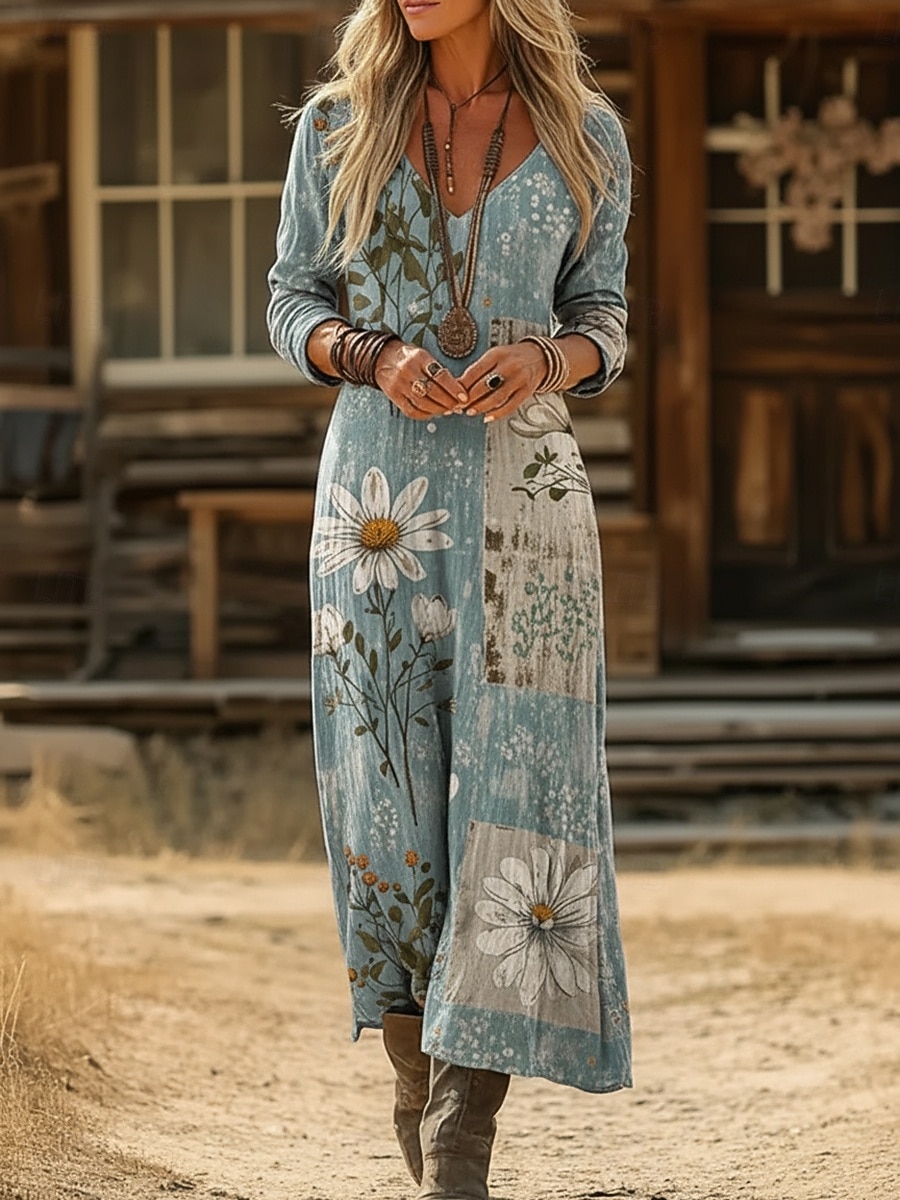Per donna Abito maxi Abito Boho Abito Vintage Vestito Casual Vintage Quotidiano All'aperto Vacanza Vestibilità regolare Floreale Manica Lunga Scollo a V Blu Giallo Chiaro Verde chiaro Viola chiaro del 2026 a $37.99 –P2
