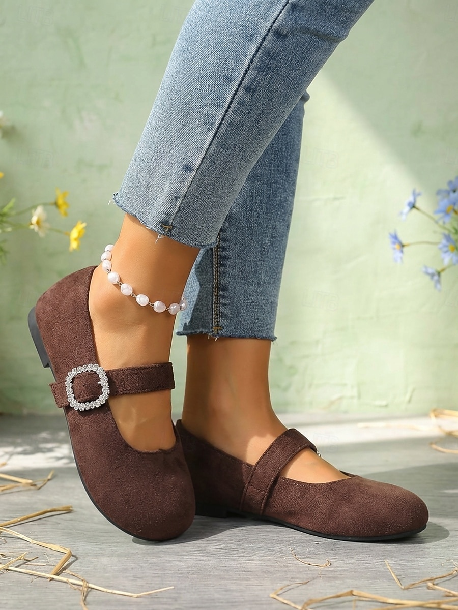 Dames Mary Jane platte schoenen met brede pasvorm in koffiekleur – comfortabele, casual platte schoenen met ronde neus en gesp met strasssteentjes, geschikt voor werk, dagelijkse wandelingen en buitenactiviteiten. 2026 - $19.99 –P5