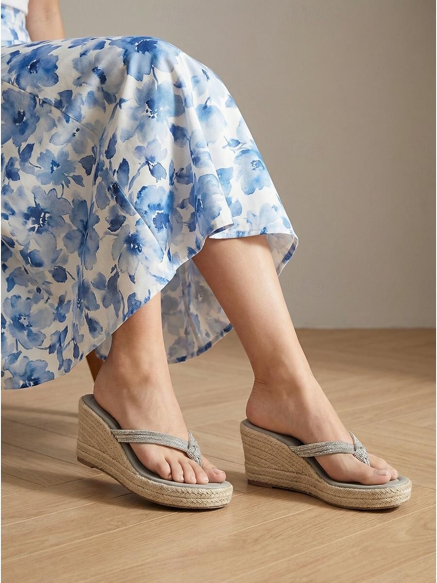 Eleganckie, jasnoszare sandały damskie na koturnie – błyszczące paski z kryształkami i plecioną platformą espadryli, idealne na imprezy plenerowe i przyjęcia w tropikalnym ogrodzie &wakacje letnie 2026 - $42.99 –P1