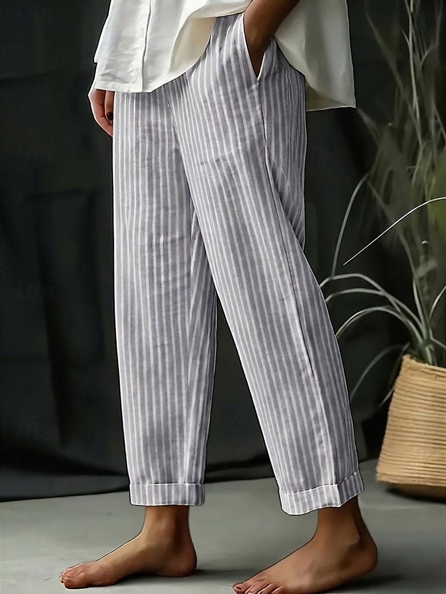 Mulheres Calças de linho de algodão Calça verão Calças de praia Clássico Casual Longas Cintura Alta Listra Bolsos Estampado Design de cordão elástico Respirabilidade Macio Micro-Elástica Férias Rua de 2026 por $23.99 –P2