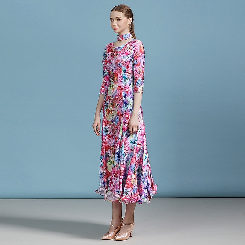 Ballroom Dance Dress Floral Print Pleats Women's Party Training Performance 3/4 Length Sleeve High Elastane 2026 - $119.99 –P4