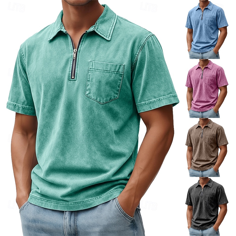 SoftFade™ Miesten Vetoketjullinen Polo 100% Puuvillaa Happopesu Paita Rentoa Päivittäinen Käyttö Neljännes Vetoketju Lyhythihainen Muoti Perus Yksinkertainen Denim Tasku Haalistunut Kesä Kevät 2026 - $31.99 –P1